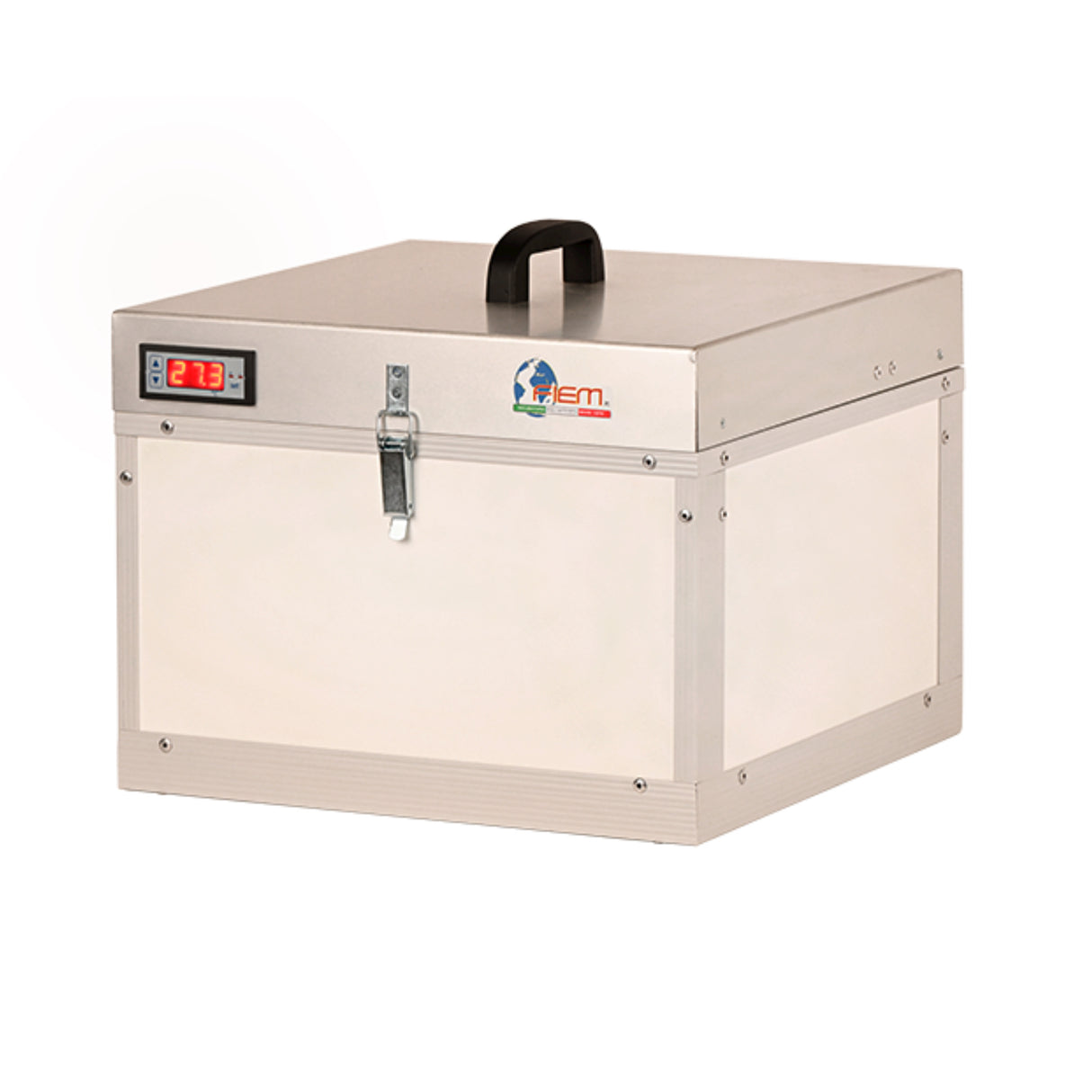 Royal Cells Portable Incubator Metallic box with a digital display and handle on a white background
