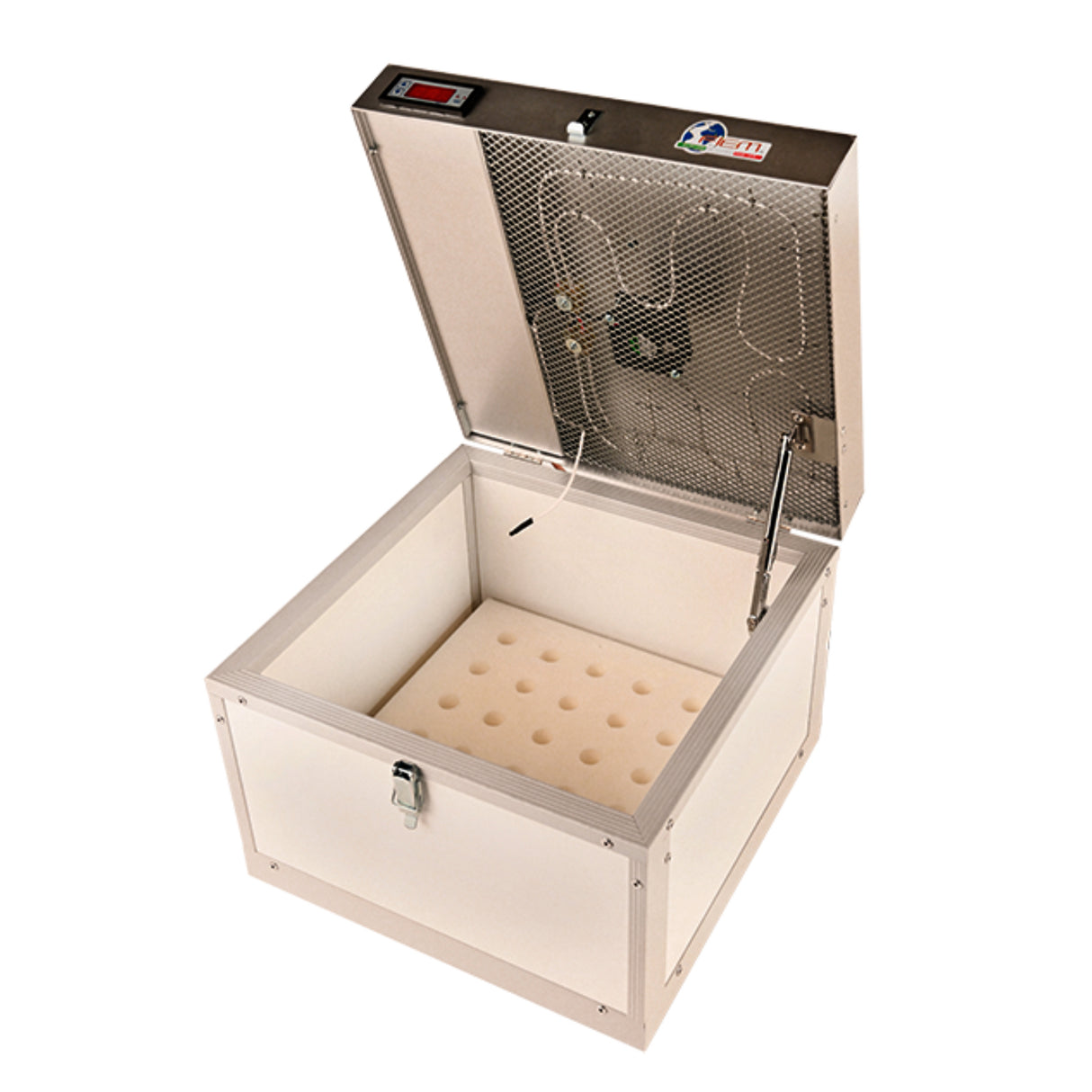 Royal Cells Portable Incubator Wooden crate with metal mesh top on a white background